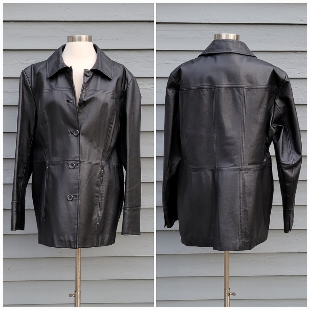 Vintage 90s y2k Black Leather Button Down Moto Biker Racer Racing Midi Car Coat‎